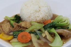 Stirred Fried Vegetable with Tofu and Steamed Rice (Cơm Xào Rau Cải CHAY)